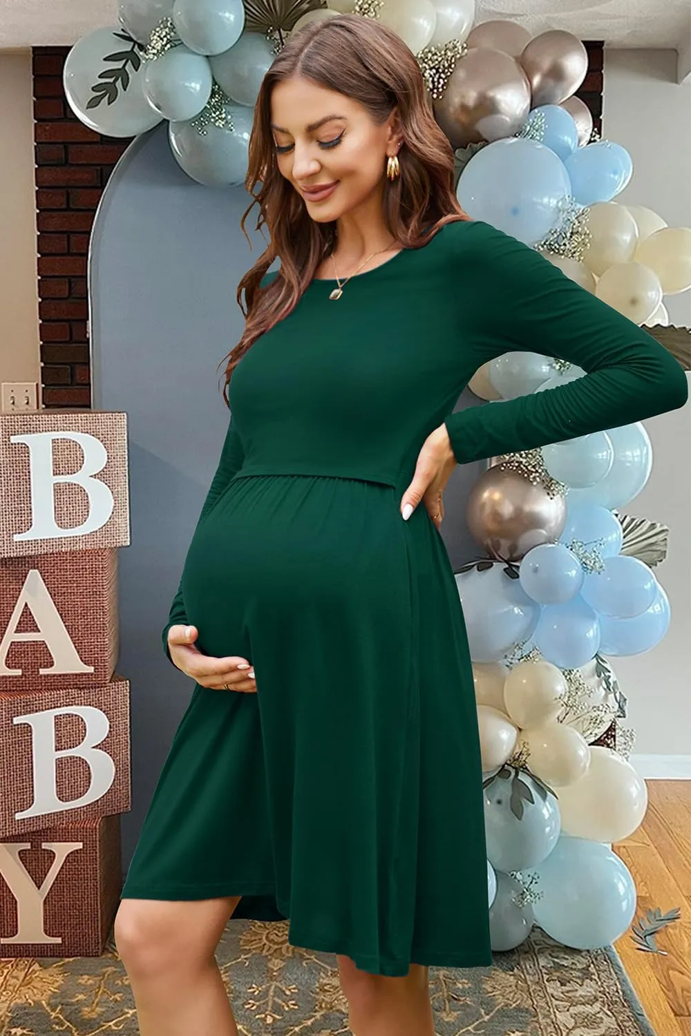 OUGES Womens Solid/Floral Maternity Dresses Sleeveless/Long Sleeve Nursing Gown Breastfeeding Clothes