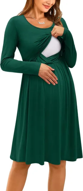 OUGES Womens Solid/Floral Maternity Dresses Sleeveless/Long Sleeve Nursing Gown Breastfeeding Clothes