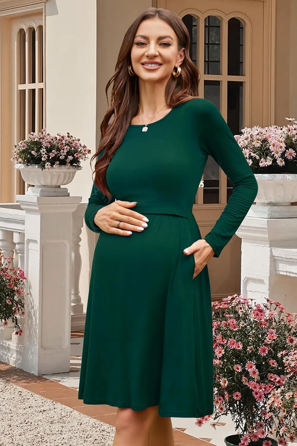 OUGES Womens Solid/Floral Maternity Dresses Sleeveless/Long Sleeve Nursing Gown Breastfeeding Clothes