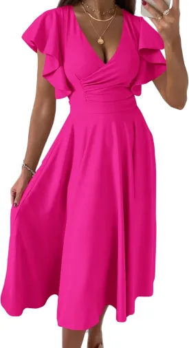PRETTYGARDEN Summer Midi Dress 2025 Spring Ruffle Sleeve V Neck Cocktail Wedding Guest A Line Fit and Flared Dresses