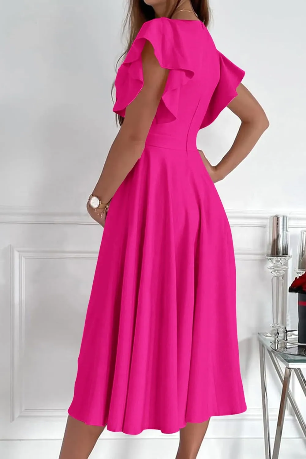 PRETTYGARDEN Summer Midi Dress 2025 Spring Ruffle Sleeve V Neck Cocktail Wedding Guest A Line Fit and Flared Dresses