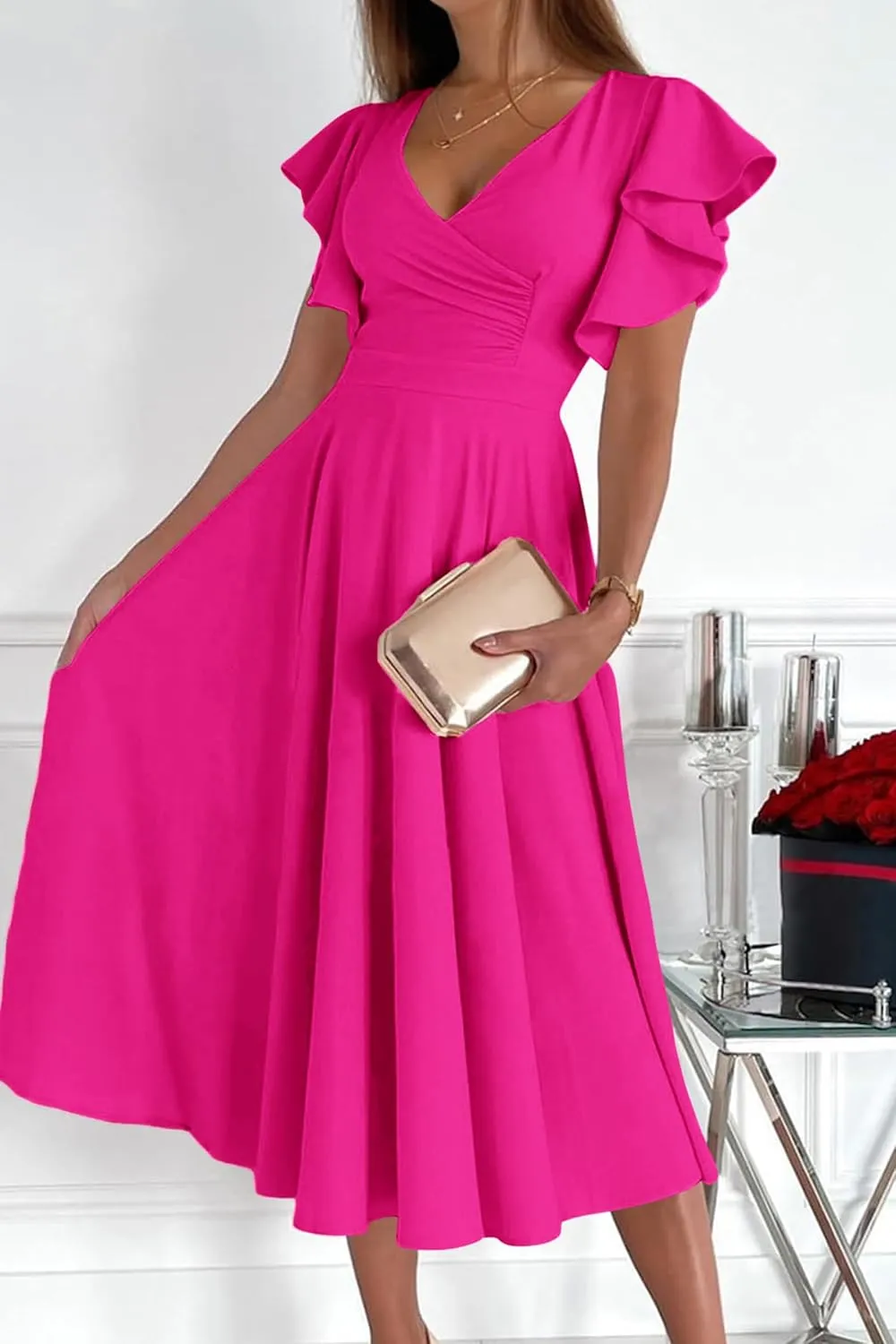 PRETTYGARDEN Summer Midi Dress 2025 Spring Ruffle Sleeve V Neck Cocktail Wedding Guest A Line Fit and Flared Dresses