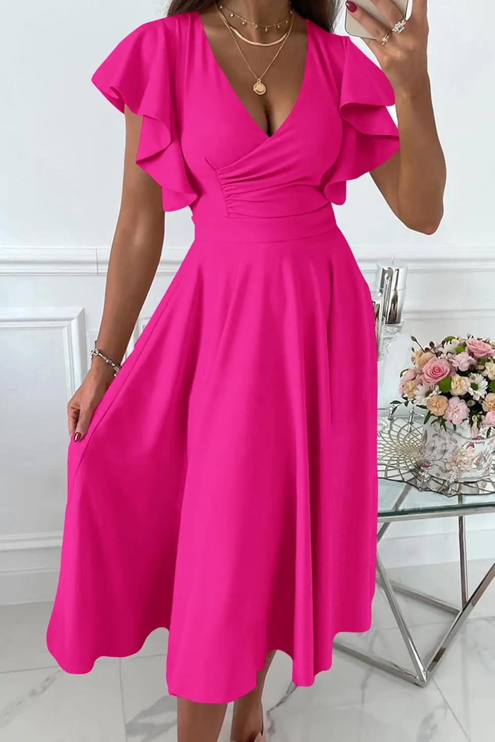 PRETTYGARDEN Summer Midi Dress 2025 Spring Ruffle Sleeve V Neck Cocktail Wedding Guest A Line Fit and Flared Dresses