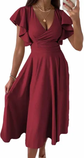 PRETTYGARDEN Summer Midi Dress 2025 Spring Ruffle Sleeve V Neck Cocktail Wedding Guest A Line Fit and Flared Dresses