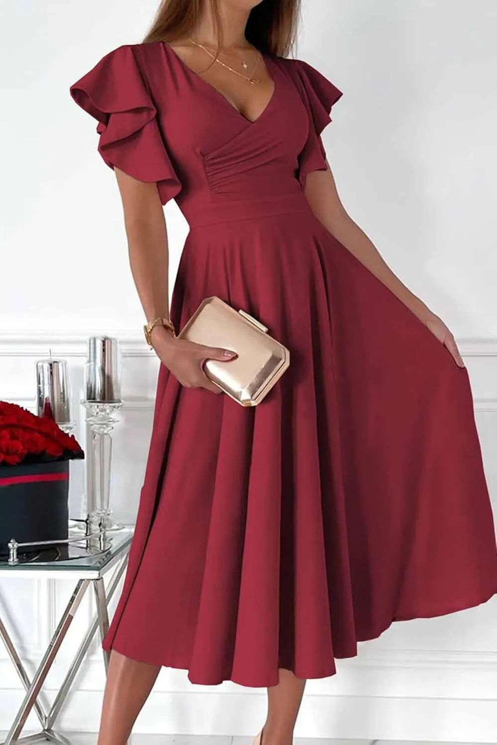 PRETTYGARDEN Summer Midi Dress 2025 Spring Ruffle Sleeve V Neck Cocktail Wedding Guest A Line Fit and Flared Dresses
