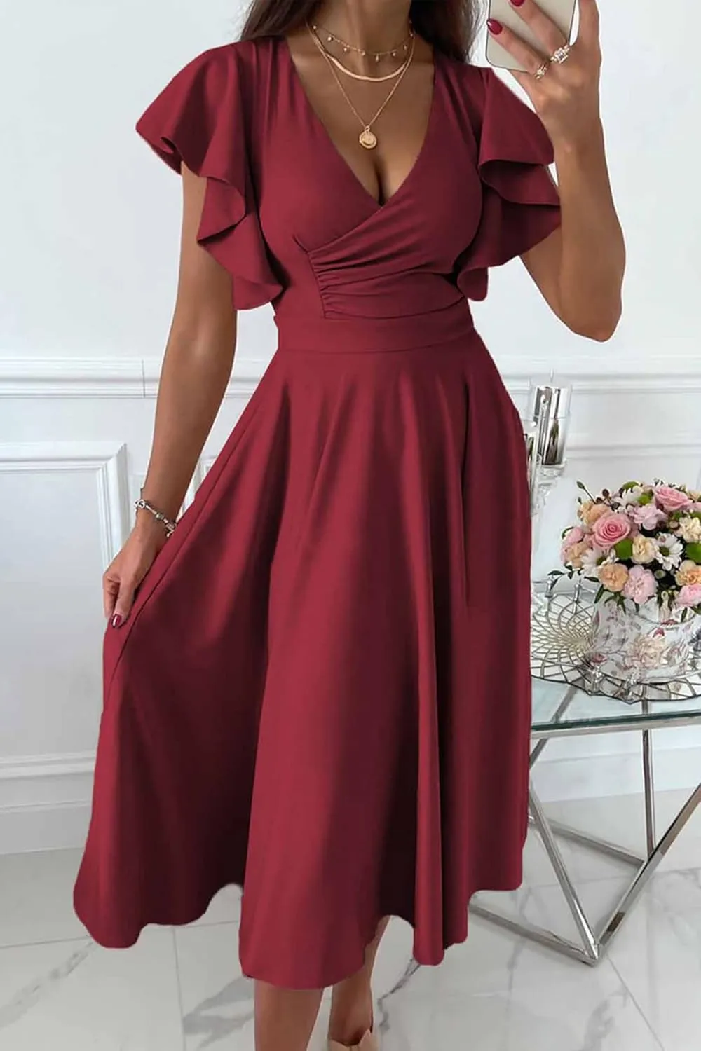 PRETTYGARDEN Summer Midi Dress 2025 Spring Ruffle Sleeve V Neck Cocktail Wedding Guest A Line Fit and Flared Dresses