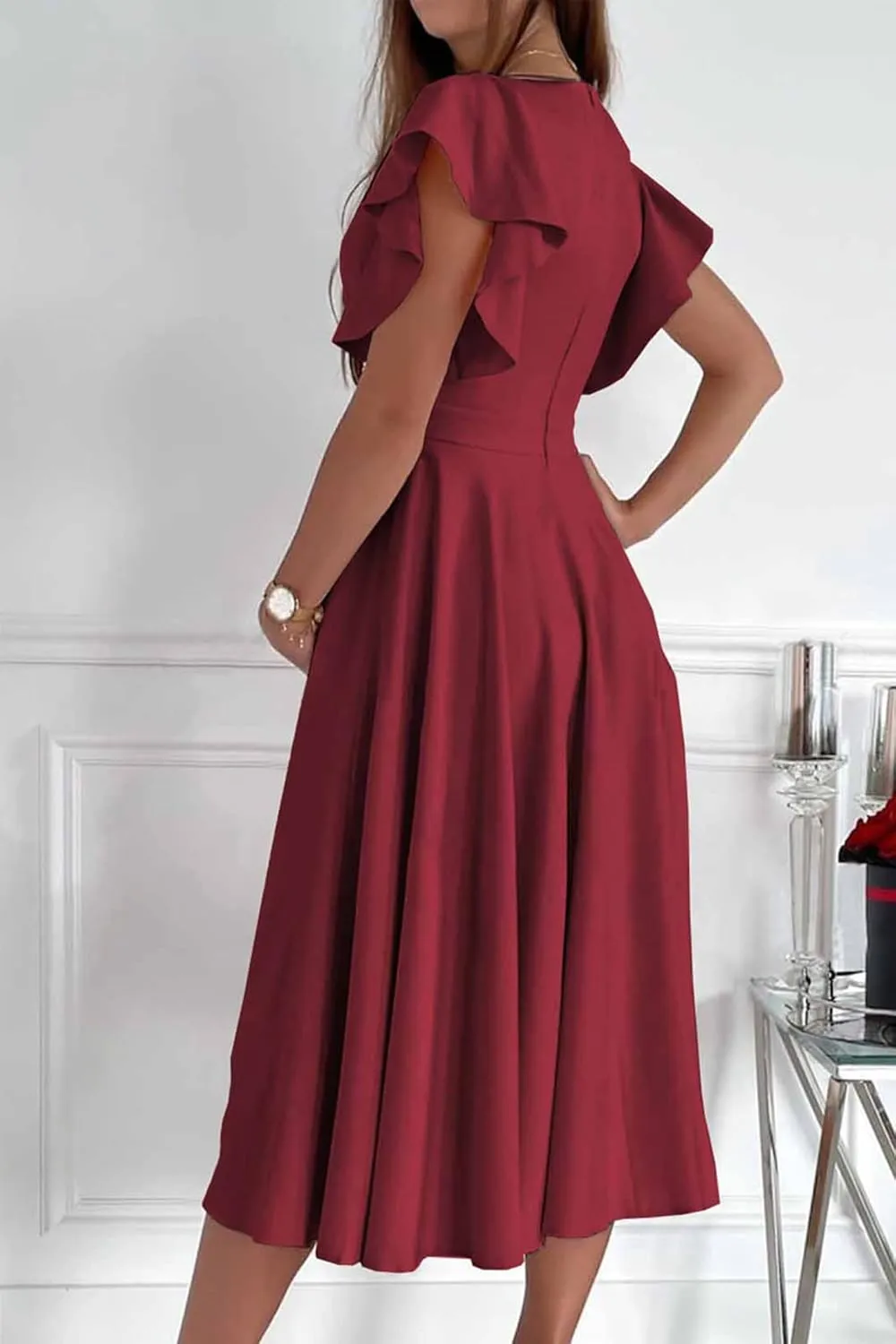 PRETTYGARDEN Summer Midi Dress 2025 Spring Ruffle Sleeve V Neck Cocktail Wedding Guest A Line Fit and Flared Dresses
