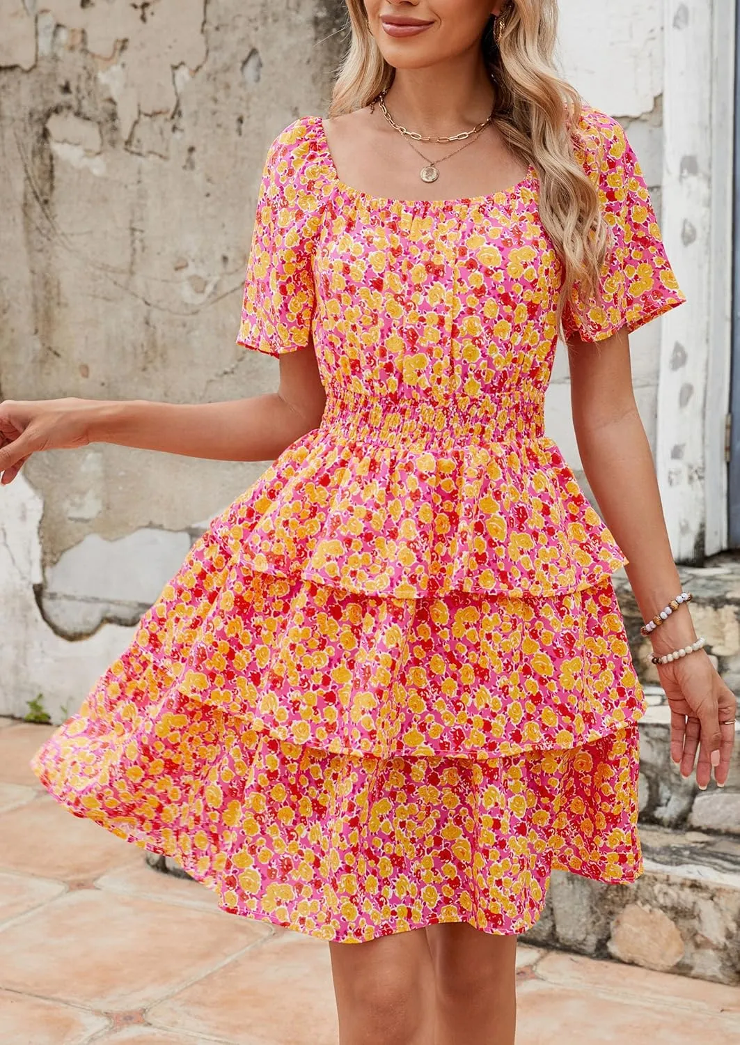 PRETTYGARDEN Women's 2025 Floral Summer Short Dress Square Neck Short Sleeve Tiered Ruffle Boho Swing Dresses