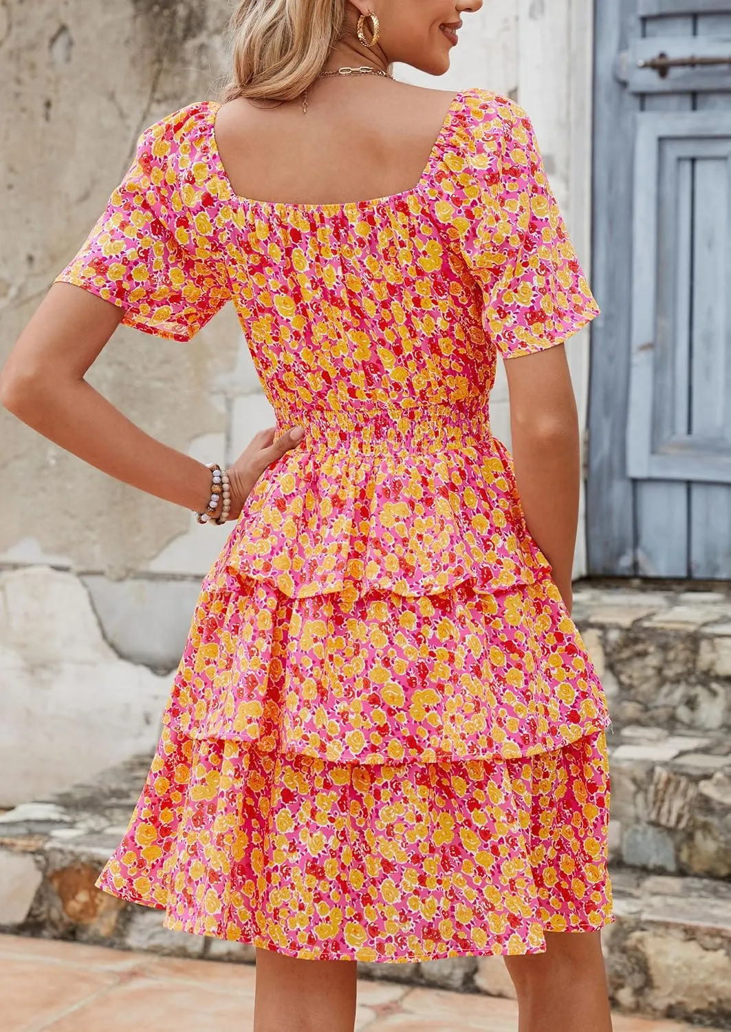 PRETTYGARDEN Women's 2025 Floral Summer Short Dress Square Neck Short Sleeve Tiered Ruffle Boho Swing Dresses