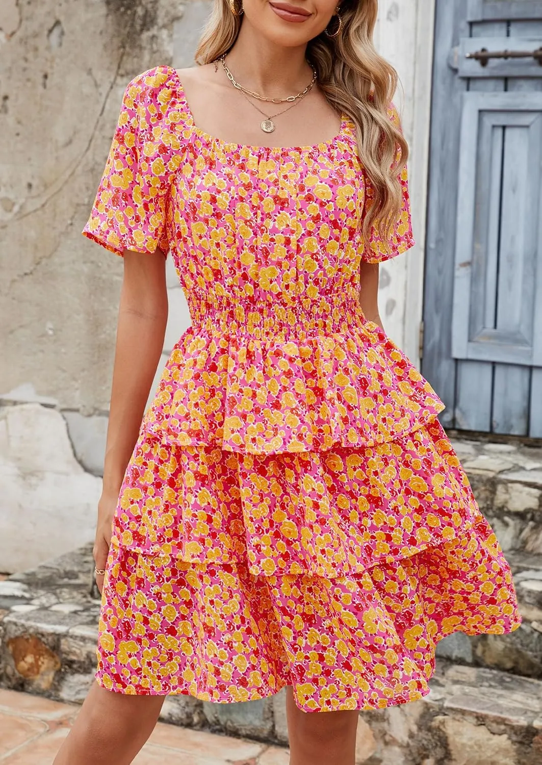 PRETTYGARDEN Women's 2025 Floral Summer Short Dress Square Neck Short Sleeve Tiered Ruffle Boho Swing Dresses