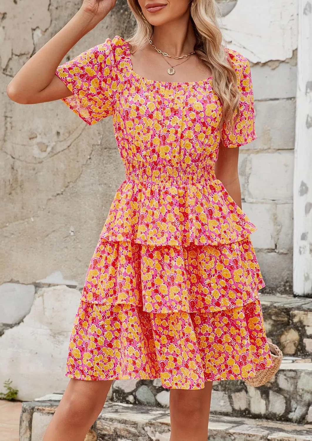 PRETTYGARDEN Women's 2025 Floral Summer Short Dress Square Neck Short Sleeve Tiered Ruffle Boho Swing Dresses