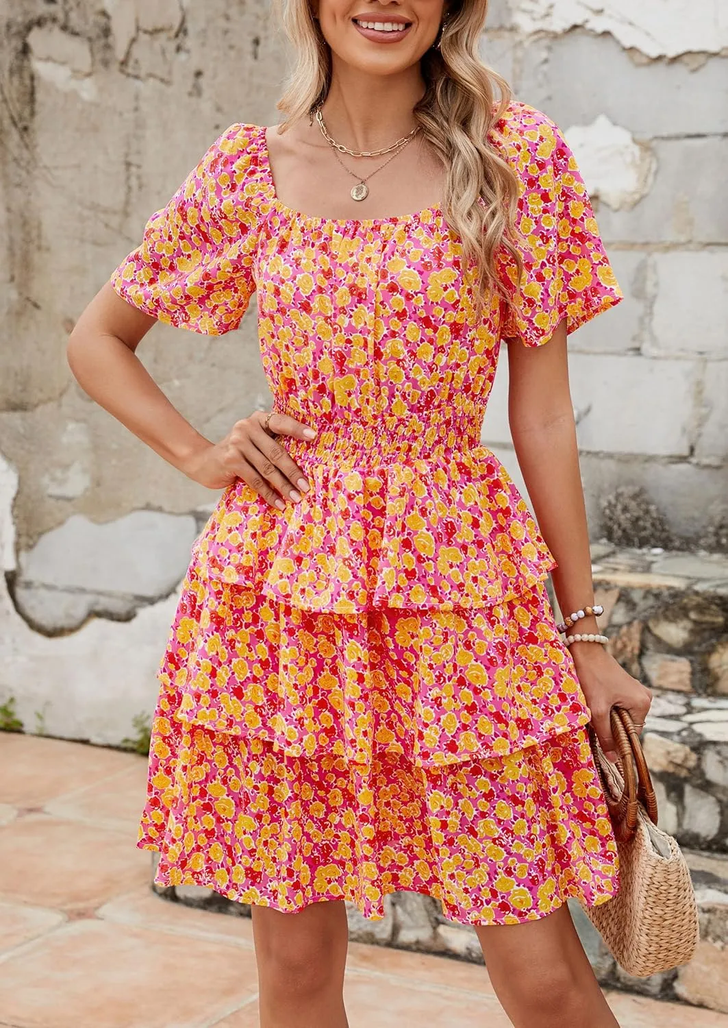 PRETTYGARDEN Women's 2025 Floral Summer Short Dress Square Neck Short Sleeve Tiered Ruffle Boho Swing Dresses