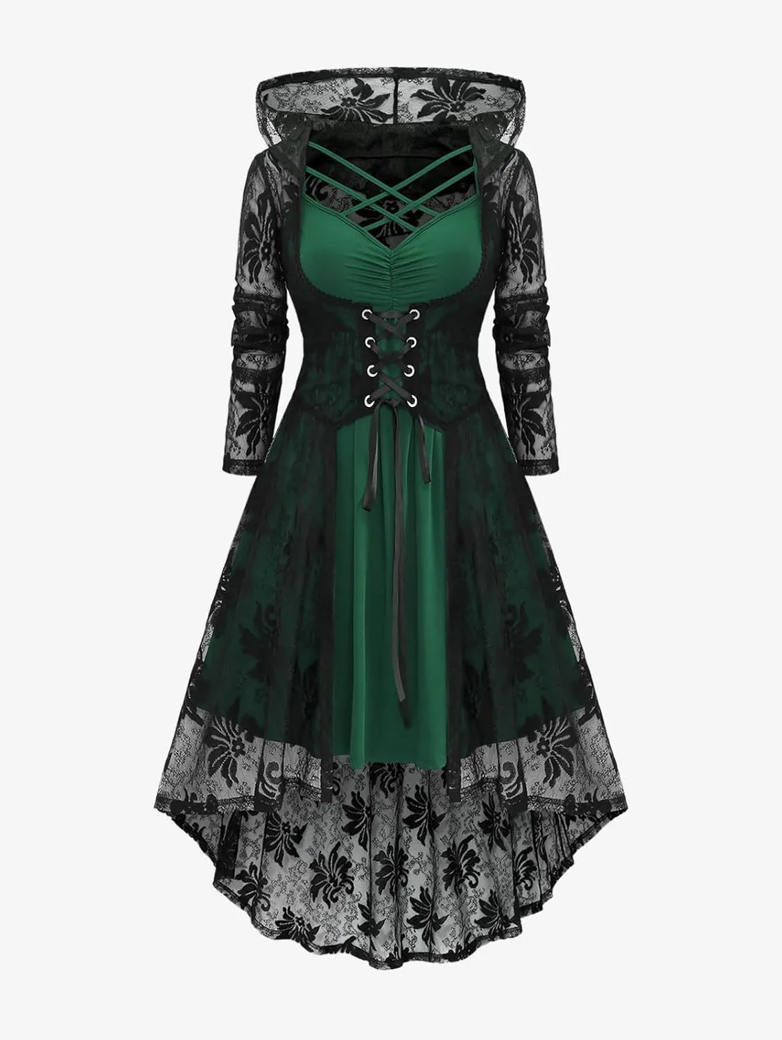 ROSE GAL Rosegal Womens Plus Size 2pcs Witch Halloween Costume Gothic Lace Hooded Dress