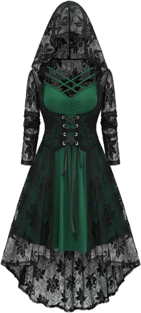 ROSE GAL Rosegal Womens Plus Size 2pcs Witch Halloween Costume Gothic Lace Hooded Dress