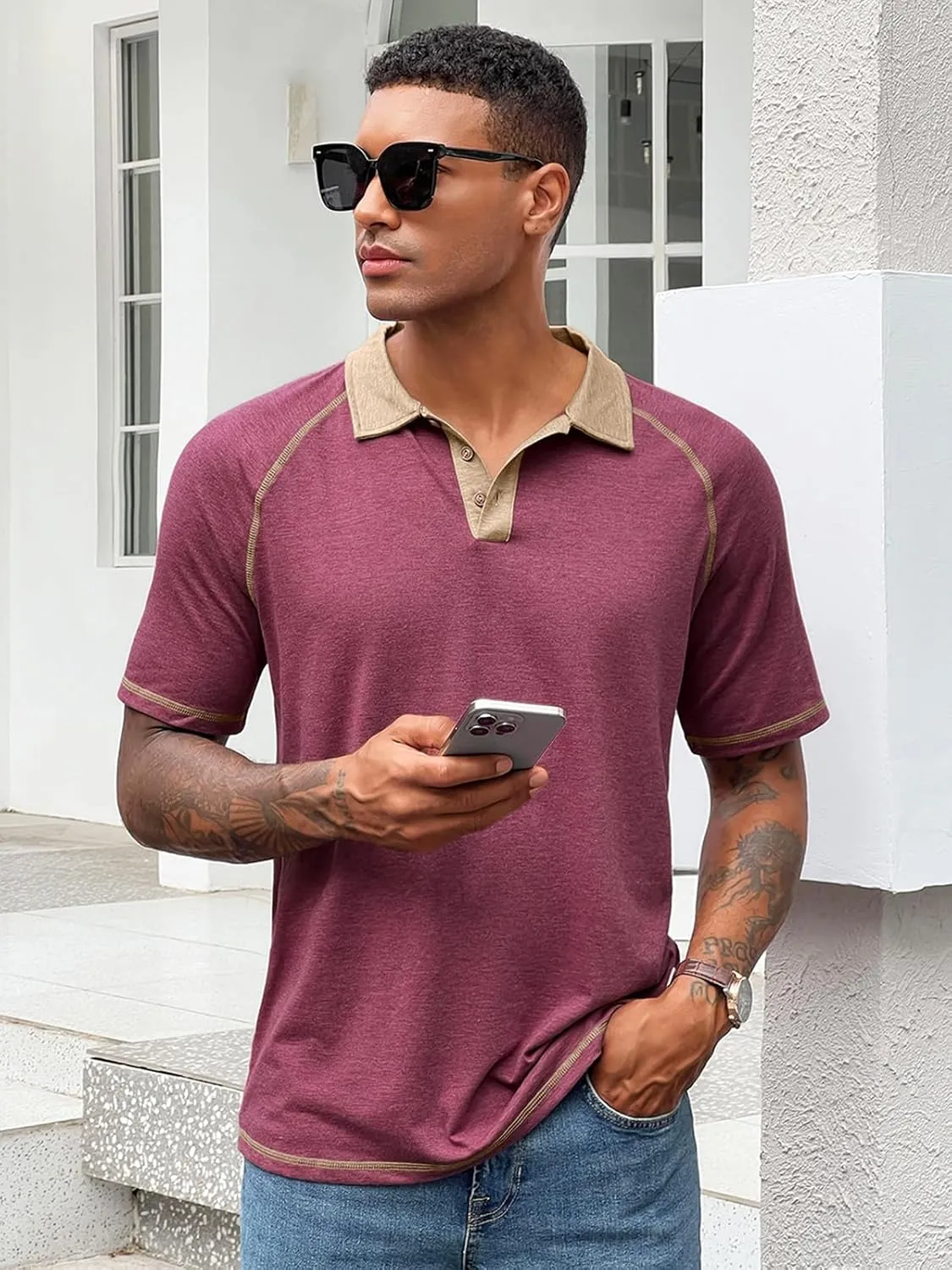 Runcati Men's Casual Polo Shirts Short Sleeve Lightweight Stretchy Golf Shirt Summer Beach Raglan Tops