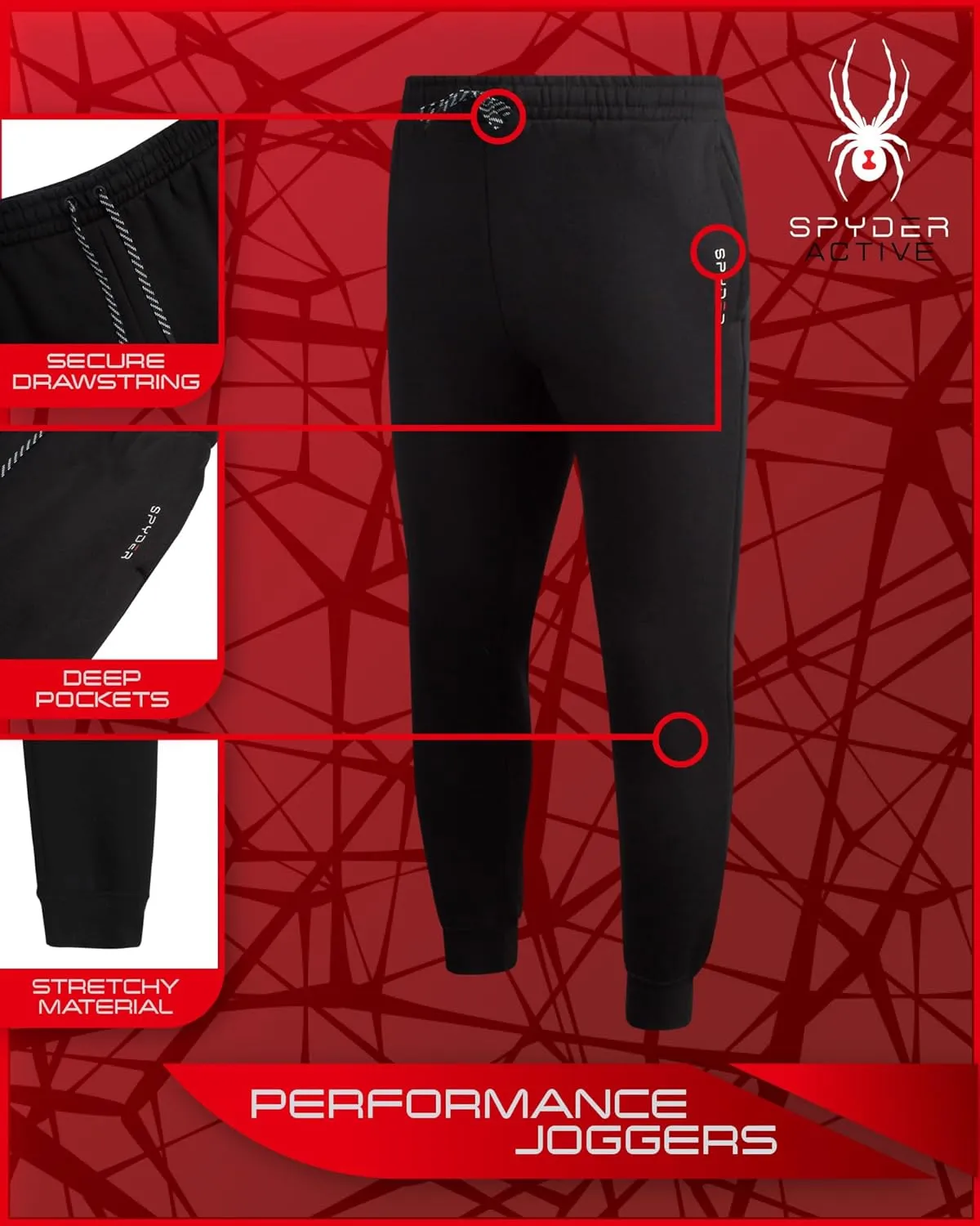 Spyder Mens Active Jogger Sweatpants - 2 Pack Athletic Fleece Workout Gym Joggers with Pockets and Drawcord (Sizes: S-XXL)