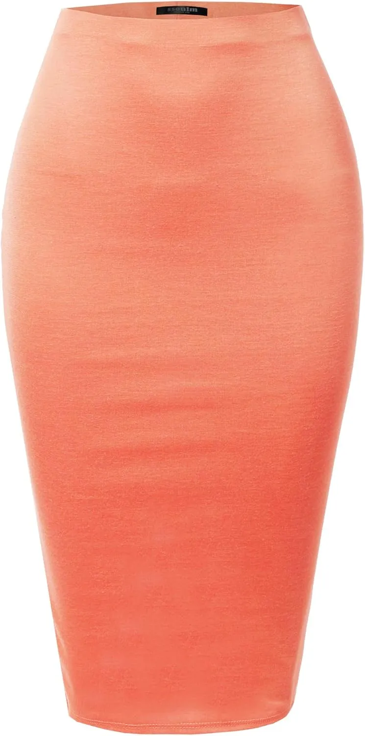 SSOULM Women's Work Office Stretchy Fitted Midi Pencil Skirt with Slit and Plus Size