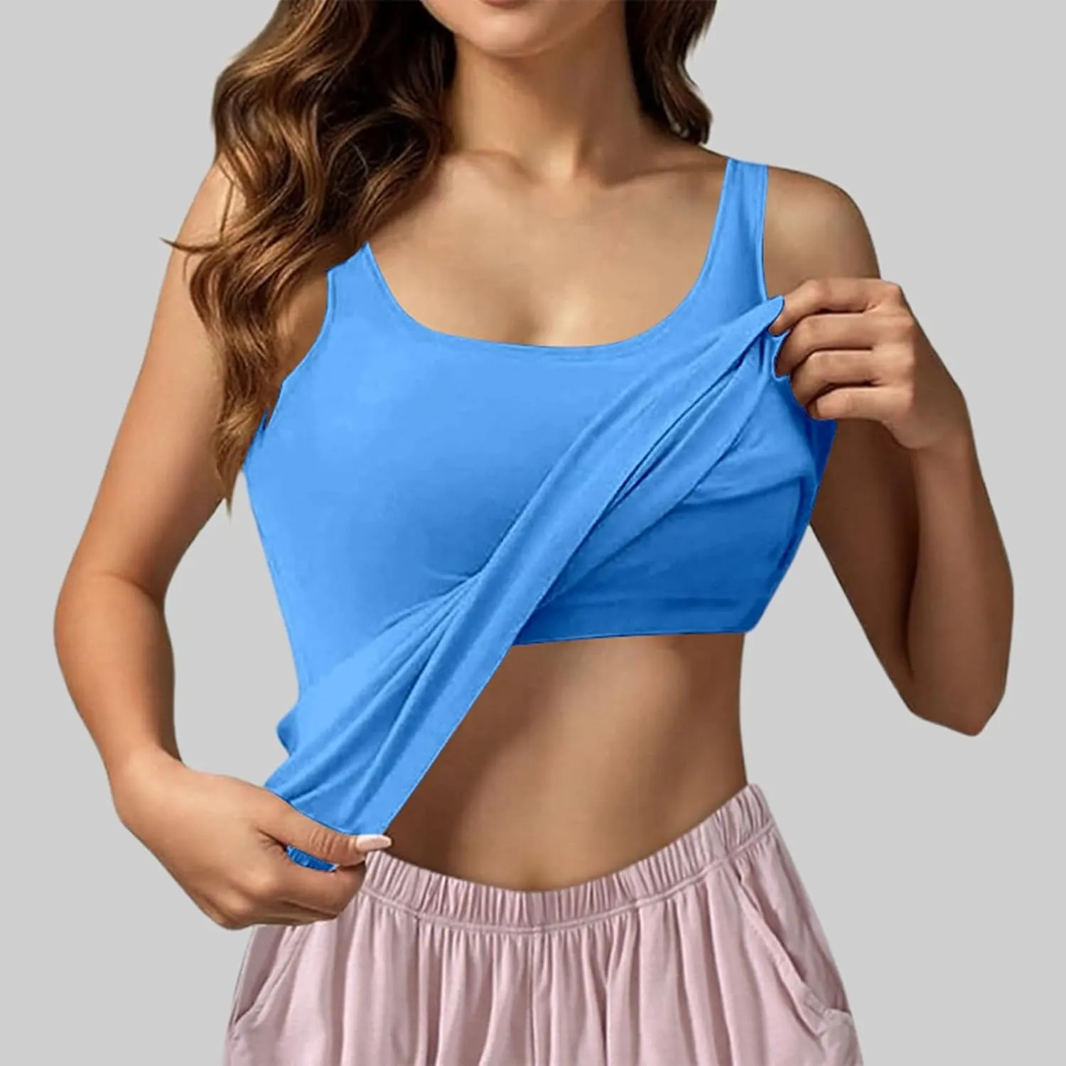 Tank Top with Built in Bra for Women Padded Summer Camisole Sleeveless Going out Top Casual Round Neck Yoga Cami Shirt