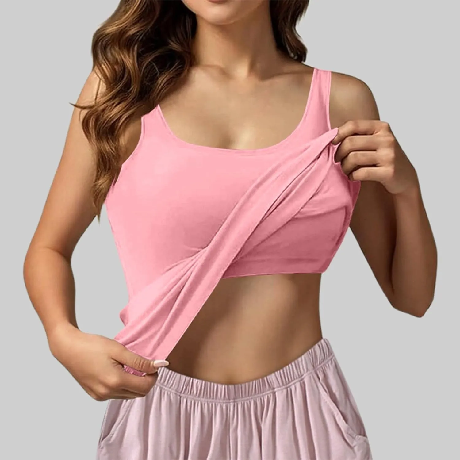 Tank Top with Built in Bra for Women Padded Summer Camisole Sleeveless Going out Top Casual Round Neck Yoga Cami Shirt