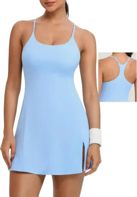 TQD Tennis Athletic Dress for Women U Neck Golf Dress with Built in Shorts and Bra Racerback Side Slit Workout Active Dresses