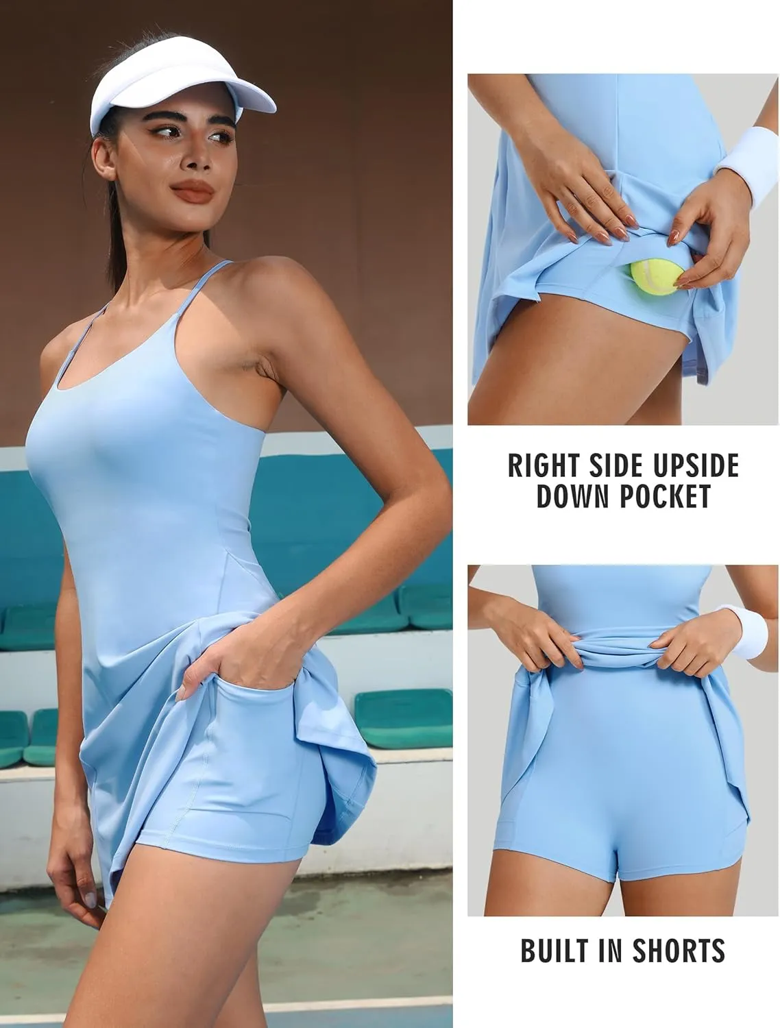 TQD Tennis Athletic Dress for Women U Neck Golf Dress with Built in Shorts and Bra Racerback Side Slit Workout Active Dresses