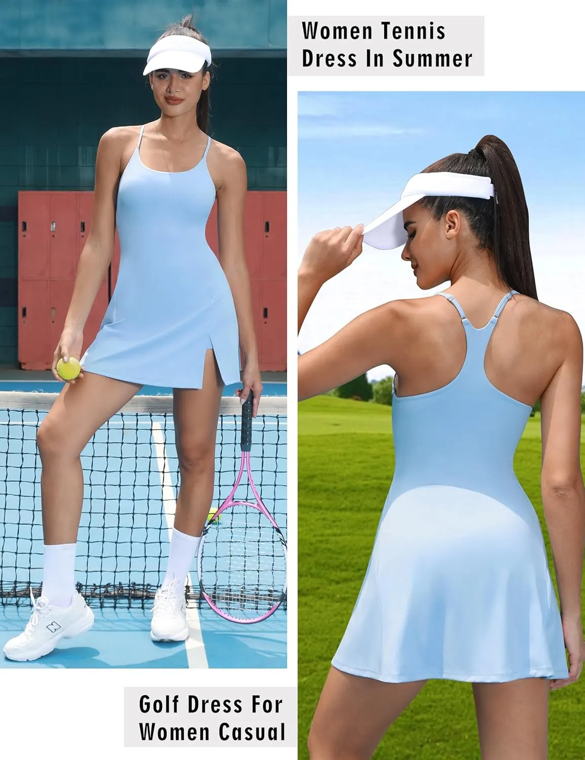 TQD Tennis Athletic Dress for Women U Neck Golf Dress with Built in Shorts and Bra Racerback Side Slit Workout Active Dresses