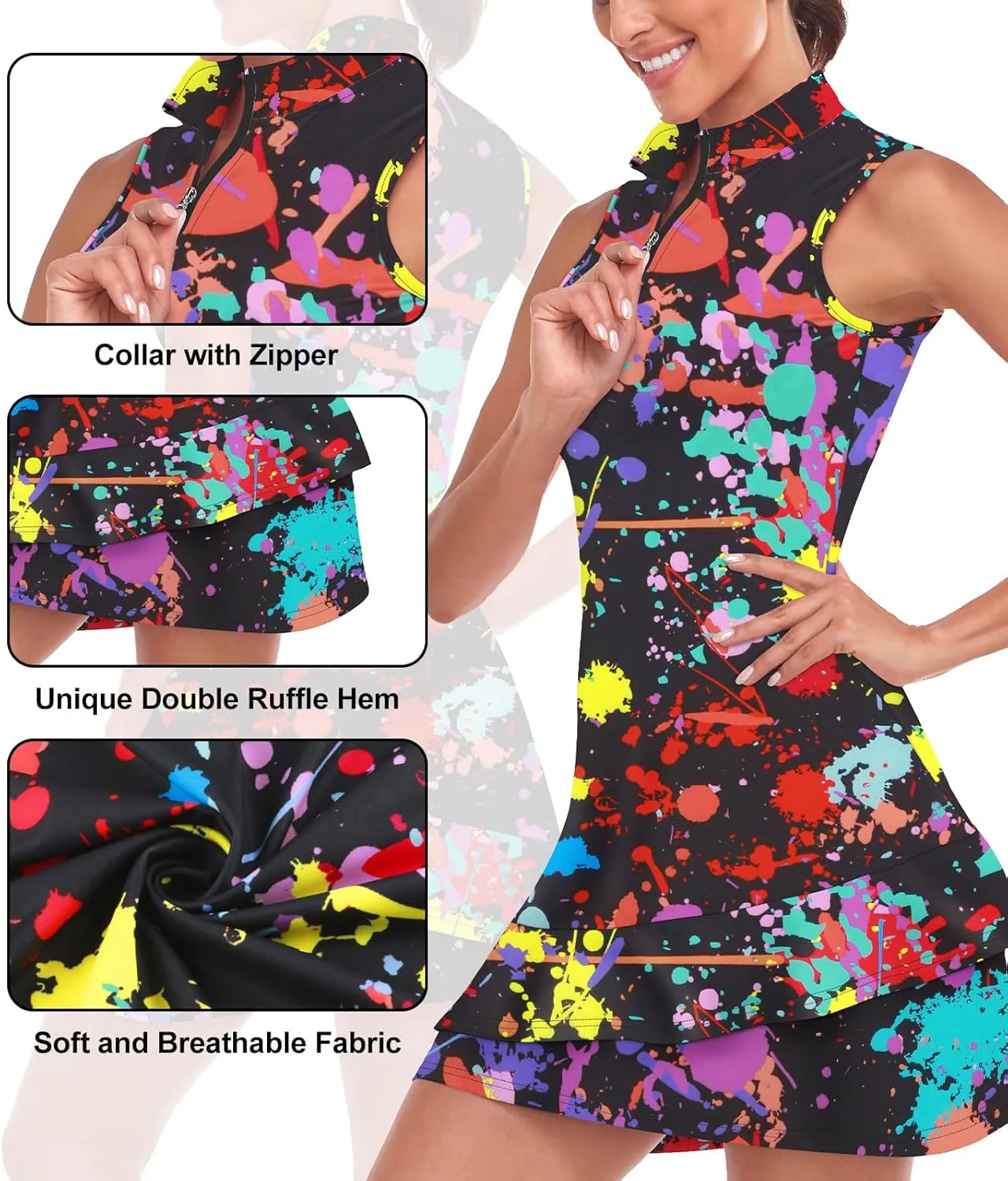 Viracy Tennis Dress for Women Sleeveless Golf Dresses with Shorts and Pockets Ruffle Zip Up Stand Collar Golf Outfits