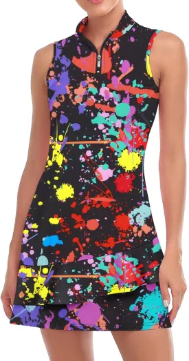 Viracy Tennis Dress for Women Sleeveless Golf Dresses with Shorts and Pockets Ruffle Zip Up Stand Collar Golf Outfits