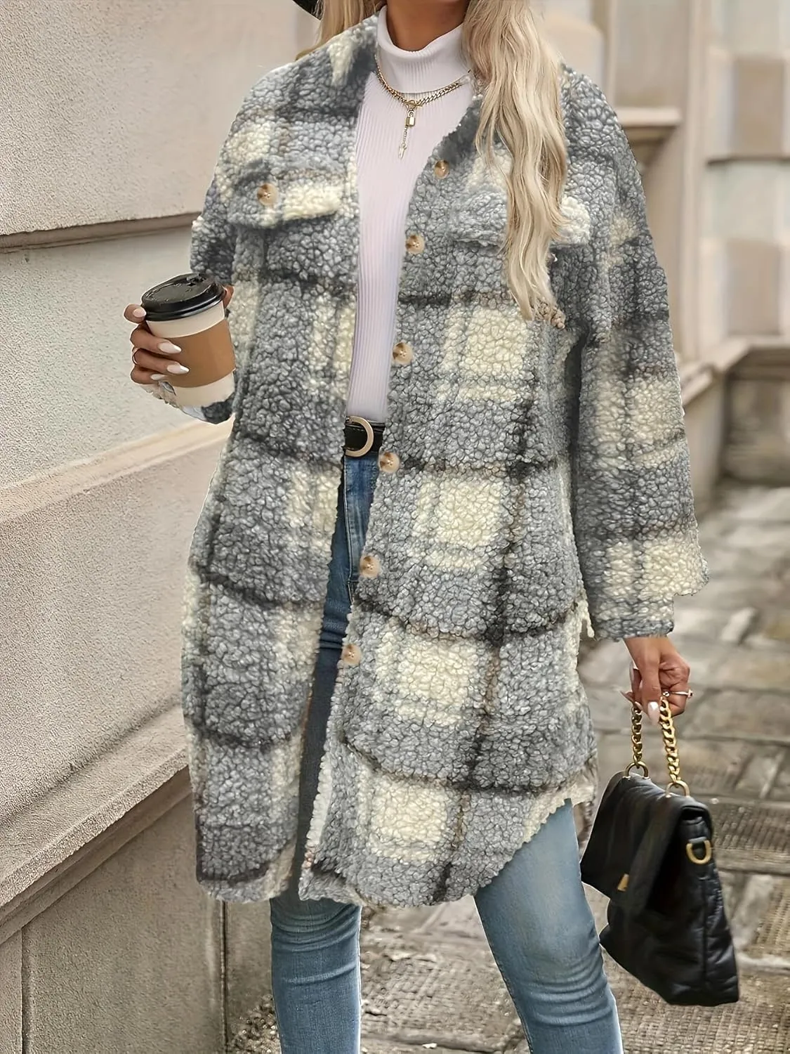 Women's 2024 Winter Fuzzy Fleece Long Jackets Plaid Faux Fur Teddy Coat Warm Sherpa Outerwear Cardigan
