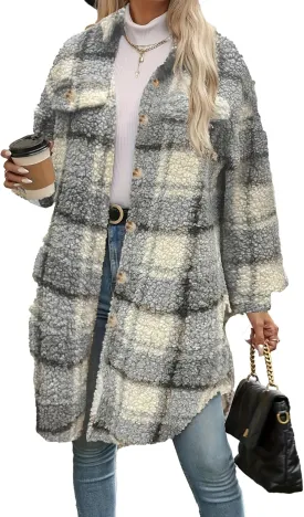 Women's 2024 Winter Fuzzy Fleece Long Jackets Plaid Faux Fur Teddy Coat Warm Sherpa Outerwear Cardigan