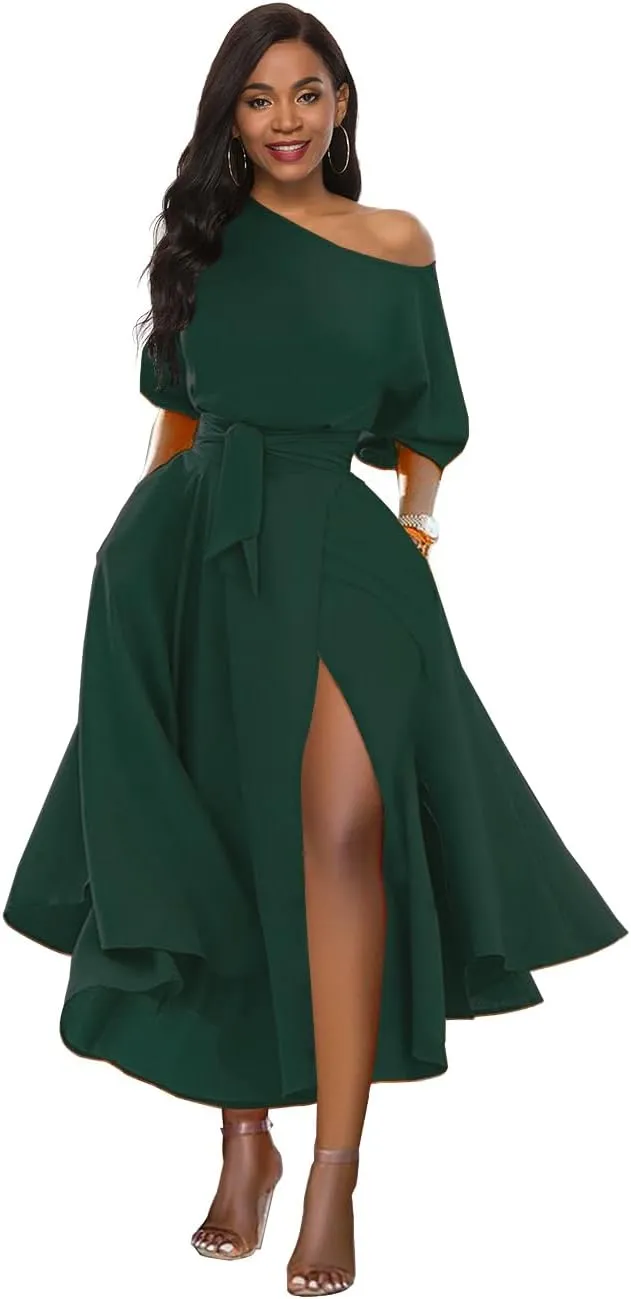 Womens Elegant Off Shoulder Short Sleeve Belted Side Slit Cocktail Party Swing Dress with Pockets