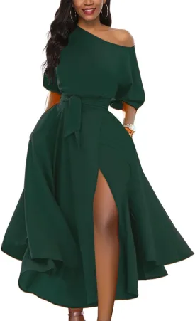 Womens Elegant Off Shoulder Short Sleeve Belted Side Slit Cocktail Party Swing Dress with Pockets