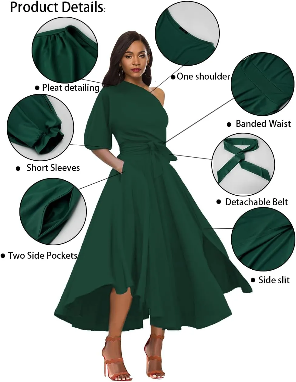 Womens Elegant Off Shoulder Short Sleeve Belted Side Slit Cocktail Party Swing Dress with Pockets