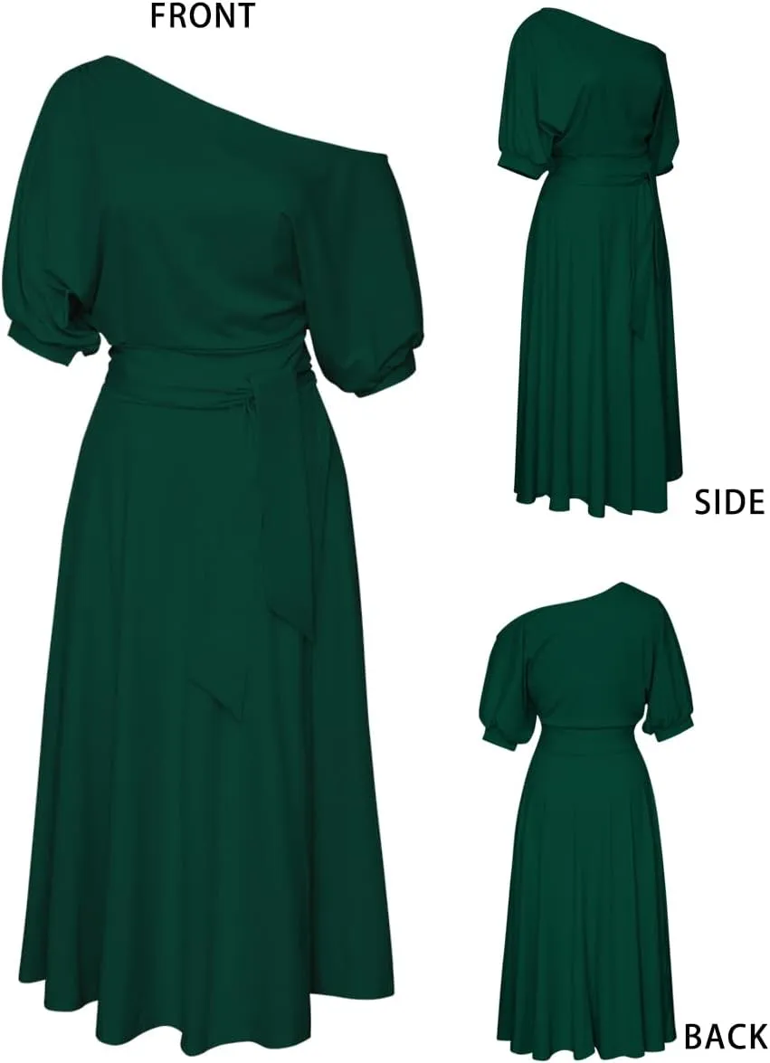 Womens Elegant Off Shoulder Short Sleeve Belted Side Slit Cocktail Party Swing Dress with Pockets