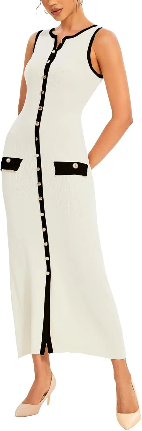 Womens Knit Maxi Dress Sleeveless Bodycon Ribbed Long Tank Dresses Elegant Button Down Workwear Dress