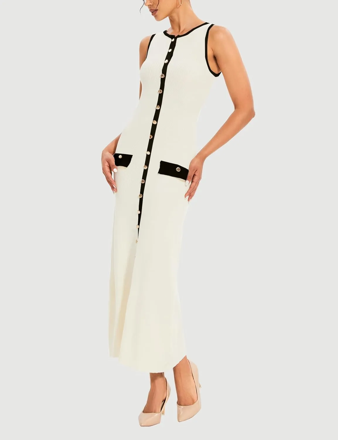 Womens Knit Maxi Dress Sleeveless Bodycon Ribbed Long Tank Dresses Elegant Button Down Workwear Dress