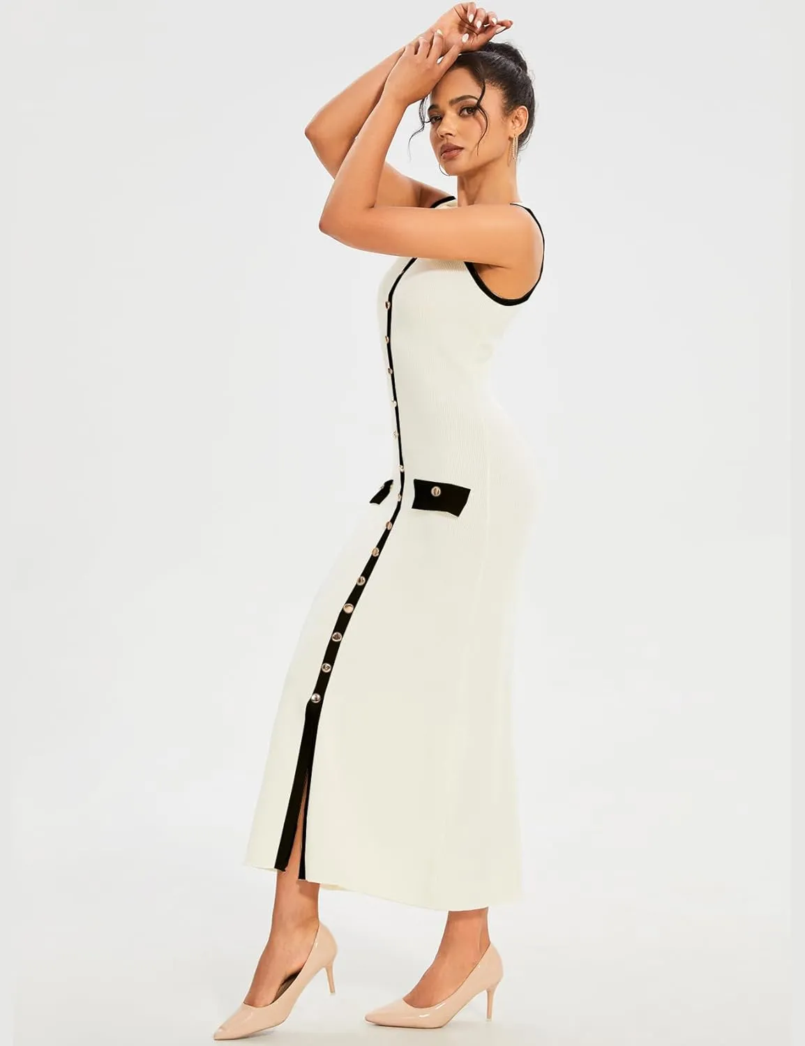 Womens Knit Maxi Dress Sleeveless Bodycon Ribbed Long Tank Dresses Elegant Button Down Workwear Dress