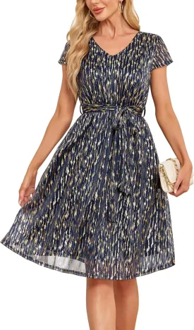Women's Sparkly Glitter Summer Cocktail Party & Wedding Guest Dress - Short Sleeve with Pockets
