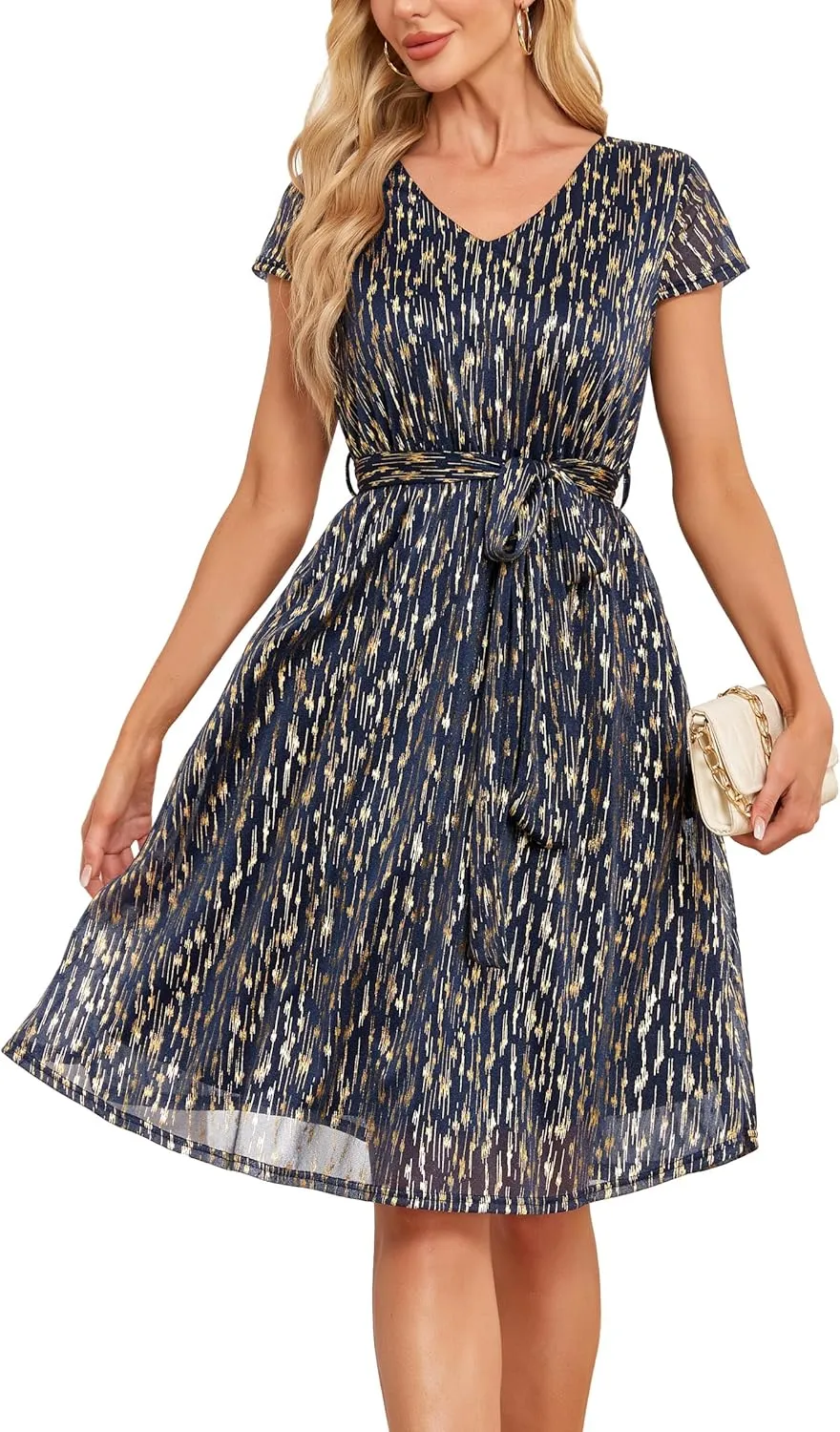 Women's Sparkly Glitter Summer Cocktail Party & Wedding Guest Dress - Short Sleeve with Pockets