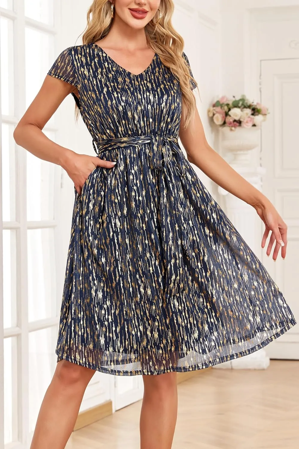 Women's Sparkly Glitter Summer Cocktail Party & Wedding Guest Dress - Short Sleeve with Pockets