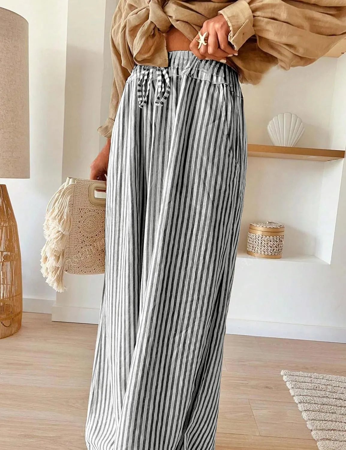 YKR Women's Striped Drawstring Elastic Waist Lounge Pants Wide Leg Casual Trousers Side Pockets