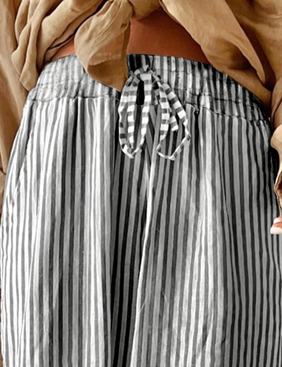 YKR Women's Striped Drawstring Elastic Waist Lounge Pants Wide Leg Casual Trousers Side Pockets