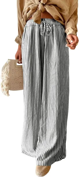 YKR Women's Striped Drawstring Elastic Waist Lounge Pants Wide Leg Casual Trousers Side Pockets